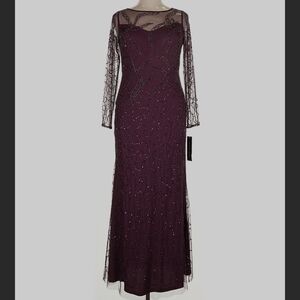 Adrianna Papell Long Sleeve Beaded Gown in Plum